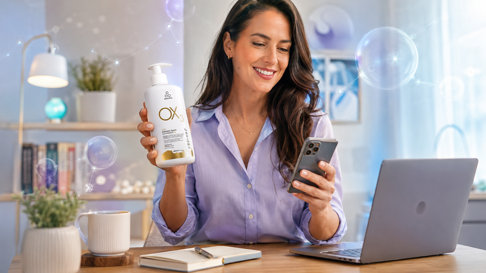 professional woman using modern wellness technology device, ozone therapy
                                    equipment, clean white studio, premium lifestyle, soft blue lighting, high-end tech
                                    product photography