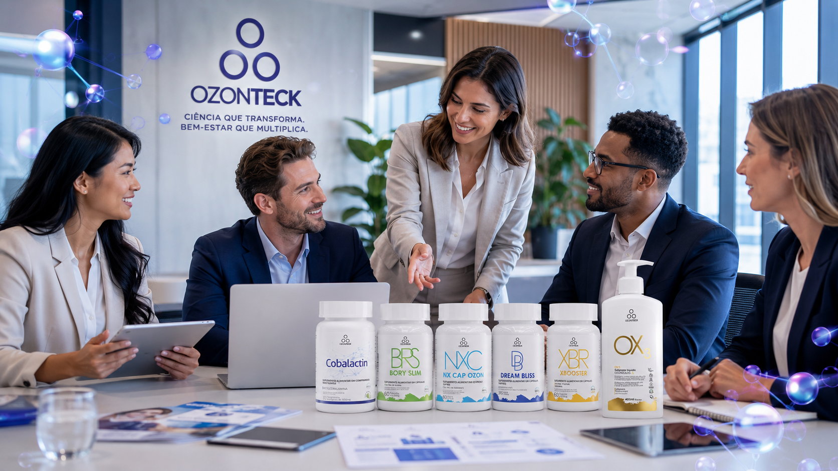 diverse group of confident Brazilian professionals in modern office setting,
                                entrepreneurs, wellness business meeting, premium lifestyle, natural lighting